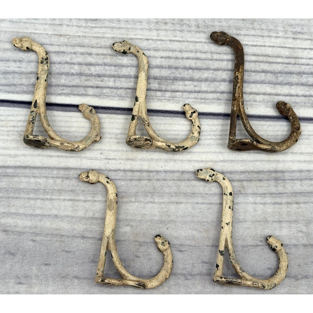 LOT OF 5 ANTIQUE SALVAGED CAST IRON DOUBLE COAT / HAT HOOKS